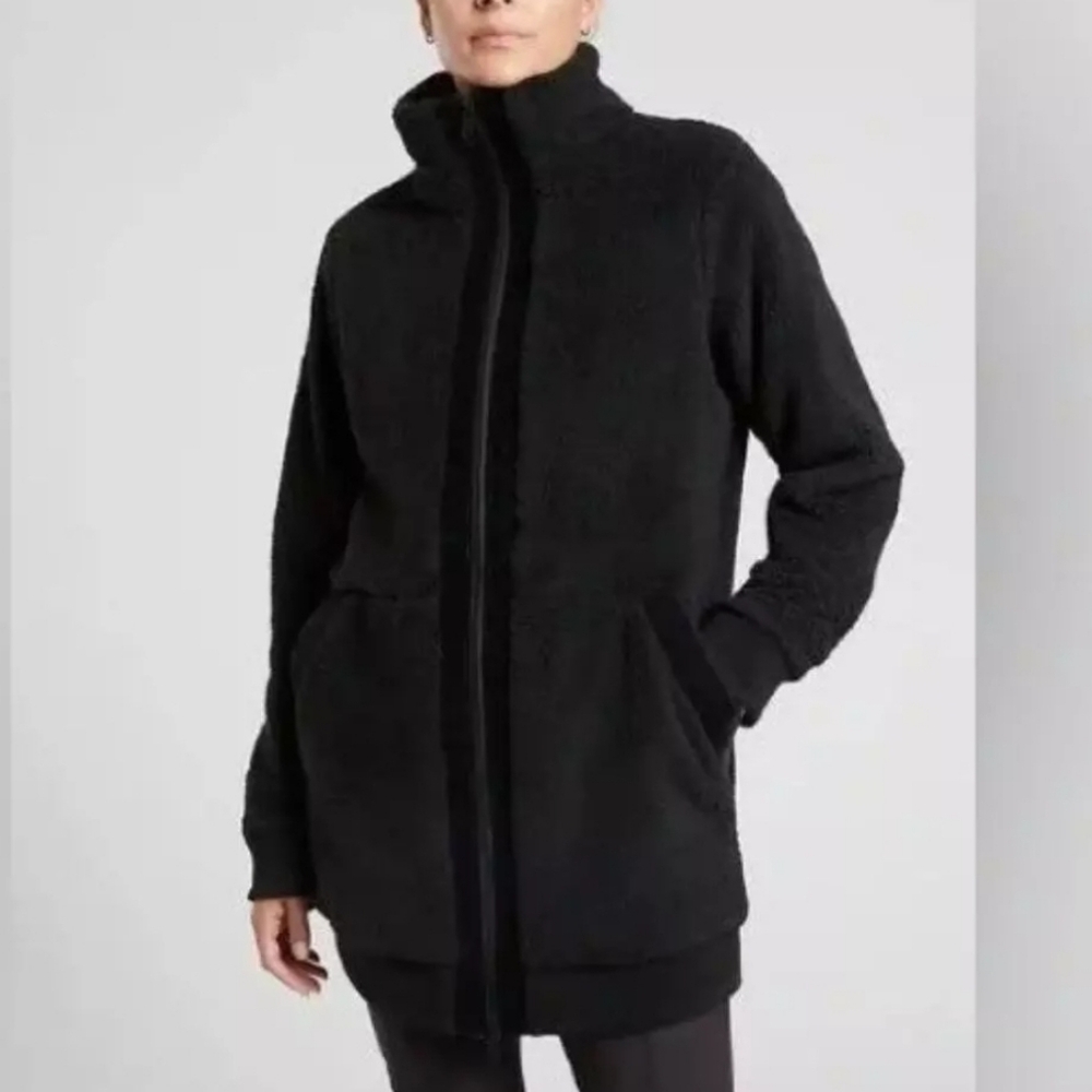 Athleta Tugga Long Sherpa Fleece Jacket, Black Ribbed Sparkly Tunic Coat XXS
